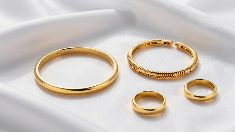 A professional flat-lay photograph of a collection of gold bracelets and rings resting on a piece of white silk, with soft shadows and high-end lighting, representing luxury jewelry design.