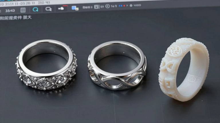 A sequence showing a CAD software design of a complex ring next to the physical wax mold, illustrating the transition from digital concept to handcrafted jewelry.