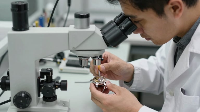 An expert horologist in a clean white lab coat meticulously cleaning the internal gears of a mechanical watch under a high-powered microscope in a professional North American / US workshop.