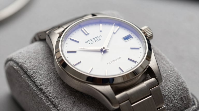 A close-up of a high-end luxury watch on a velvet cushion, its dial gleaming under studio lights, showcasing the results of professional servicing and polishing.