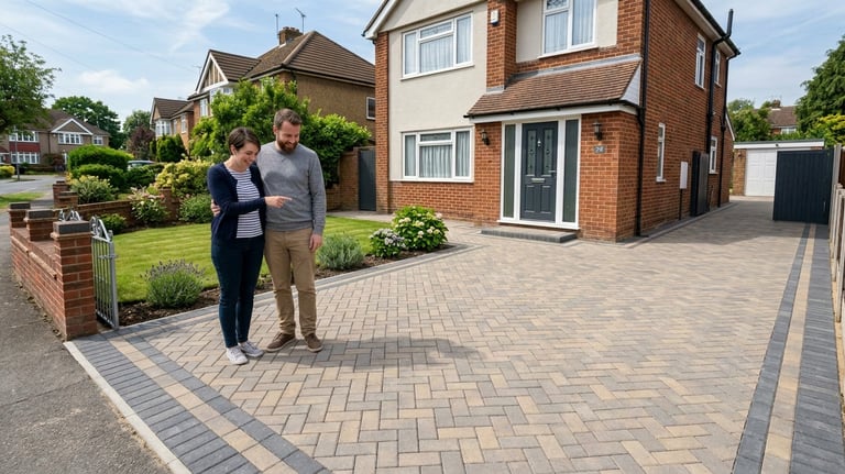A happy couple standing on a modern block paving driveway in front of a brick house.