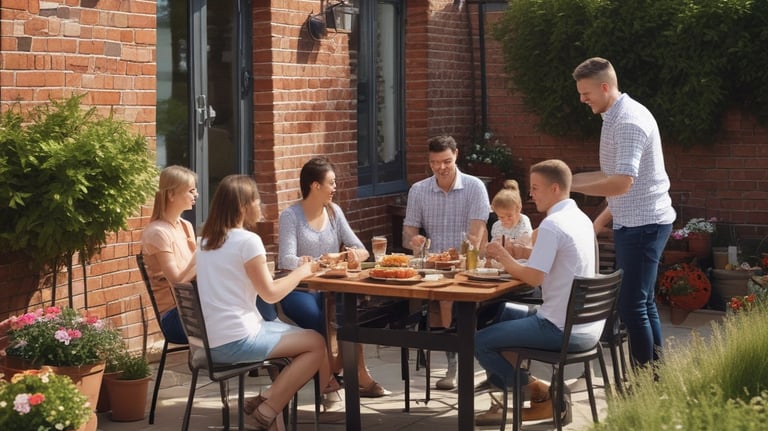 A beautifully designed patio with comfortable seating and decorative plants.