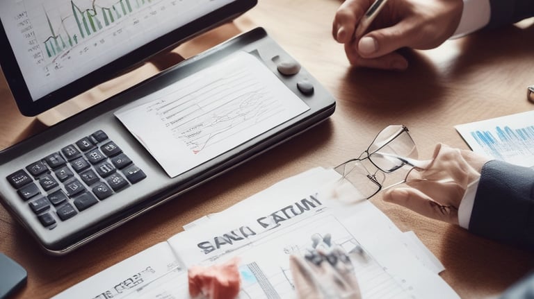 A focused professional analyzing financial charts on a laptop in a modern office