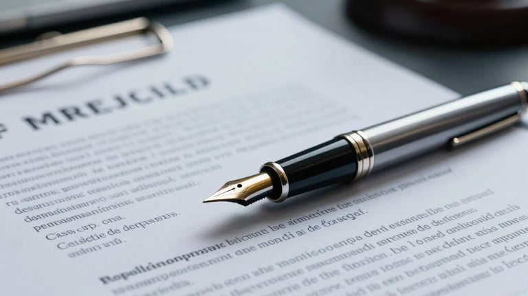 A close-up photograph of a professional South American / Brazilian lawyer's desk. A fountain pen rests on a signed legal document. Muted blue-gray and white color palette. Sharp focus, professional depth of field.