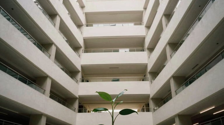 Abstract photography of a light-filled architectural atrium in a Brazilian city. Symbols of growth and knowledge. Bright, airy, and sophisticated atmosphere.