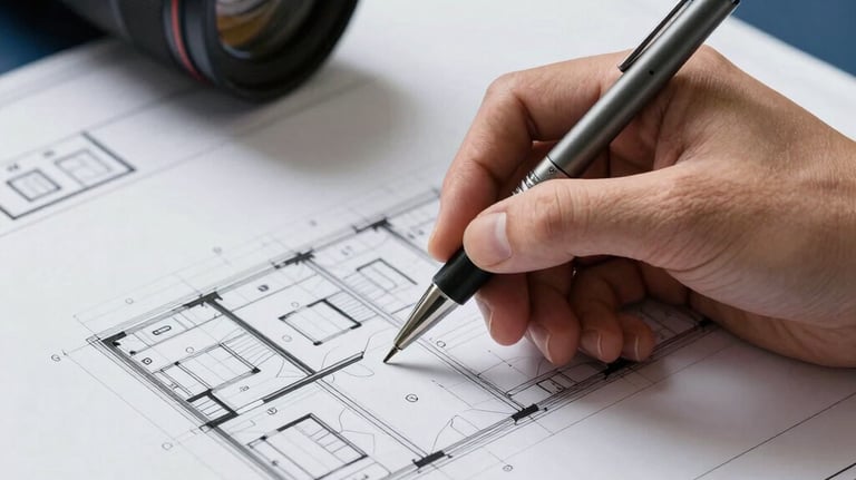 Detailed shot of architectural blueprints being reviewed by a hand holding a professional drafting pen. Clean, professional lighting, navy blue accents.