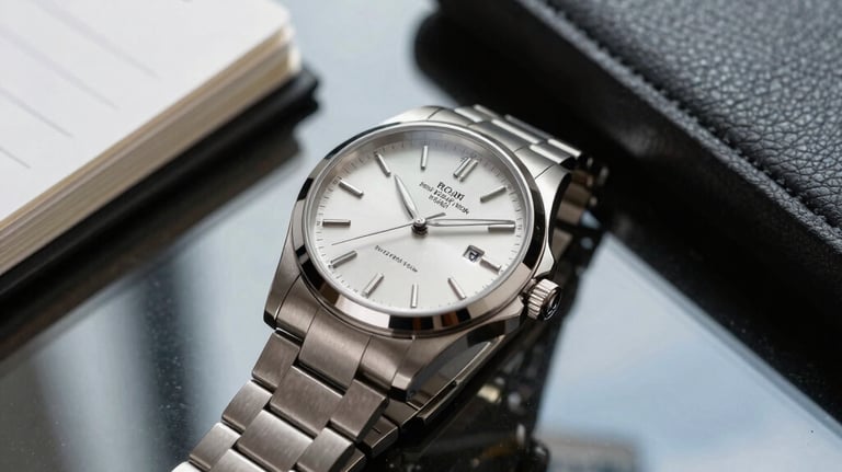 Close-up of a high-end designer watch and professional notebook on a glass table. Reflections of a modern Brazilian business district in the background.