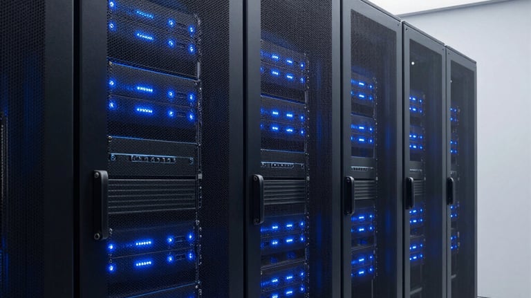 A minimalist view of a modern data center with deep blue glowing lights. Represents software protection and digital assets. Clean, sharp lines, contemporary architectural style.