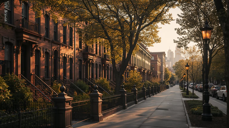 Sunlit historic brownstone row houses on a quiet city street with autumn trees and a distant skyline.