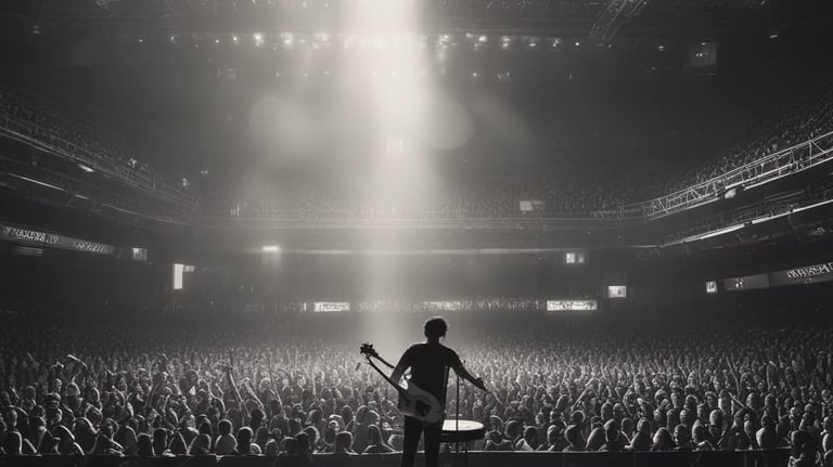 A musician performing live with vibrant stage lighting.