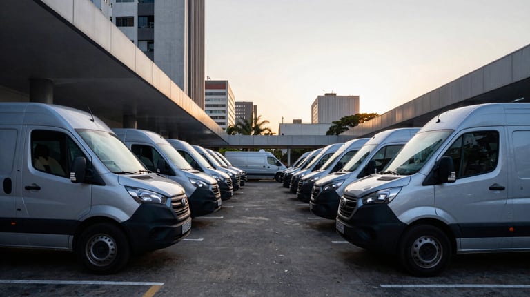 A fleet of silver delivery vans lined up in a modern parking facility in a South American / Brazilian city at dawn. The lighting is crisp and the composition is symmetrical, implying organization and scale.