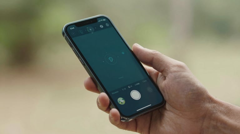 A close-up high-quality photo of a hand holding a modern smartphone in a bright South American / Brazilian outdoor setting. The screen shows a sleek, user-friendly tracking interface with a dark teal color scheme.