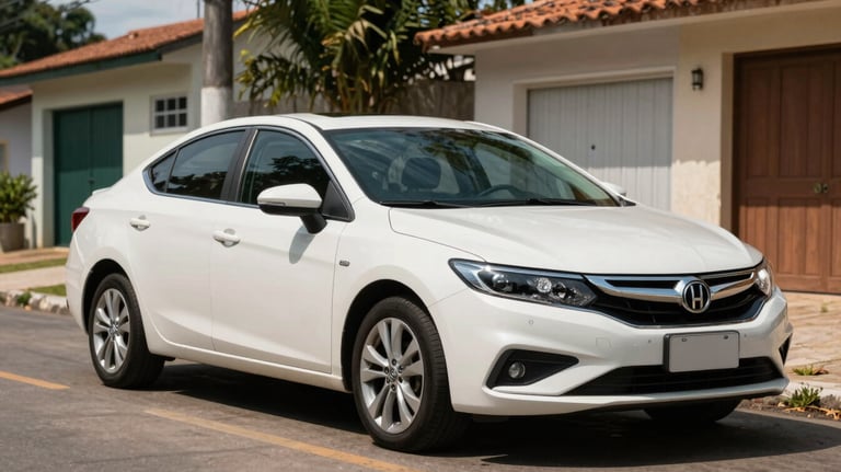 A sleek white sedan parked in a residential South American / Brazilian neighborhood during a bright day. The focus is sharp, showcasing the car as a valuable asset that needs protection.