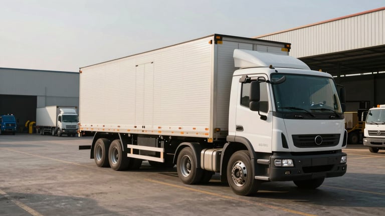 A high-quality photograph of a logistics warehouse in a South American / Brazilian industrial district. A cargo truck is being loaded, with the scene captured in the clear morning light, highlighting efficiency and security.