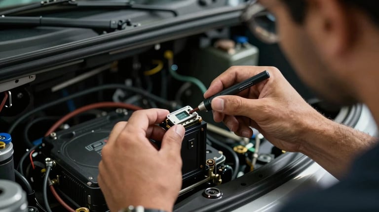 A photograph of a skilled technician installing a discrete device into the interior of a vehicle in a professional South American / Brazilian workshop. The focus is on the precision and quality of the work.