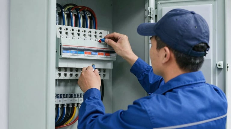 Smiling electrician wearing a precise price electric uniform on site.