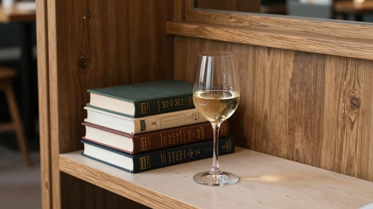 A cozy reading nook in a modern cafe with wooden furniture, featuring a stack of beautifully bound books next to a glass of wine on a crisp parchment surface.