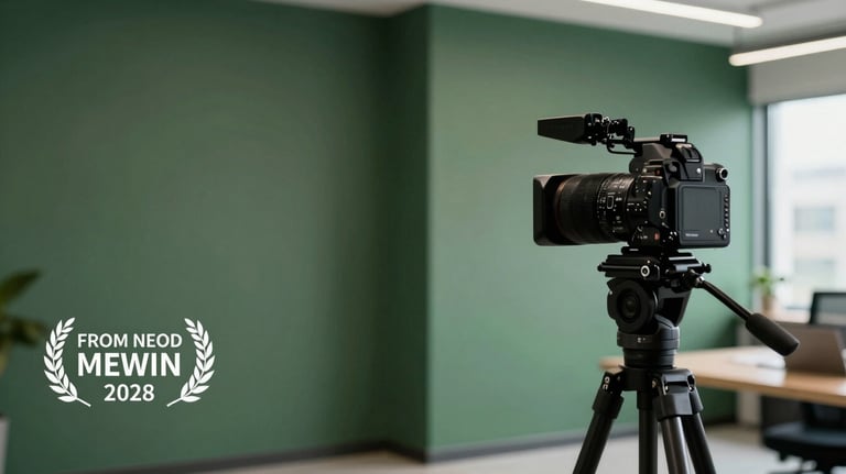 A sleek, modern office space with matte forest green walls, showing a professional camera setup for an author interview or social media shoot.