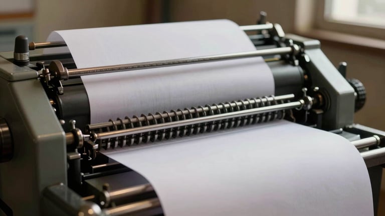 A detailed shot of a printing press in motion, with high-quality paper feeding through, captured in a warm, industrial-chic setting.
