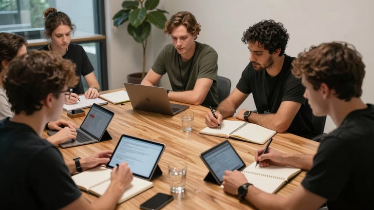A behind-the-scenes shot of a small editorial team collaborating around a large wooden table, planning content with notebooks and digital tablets.