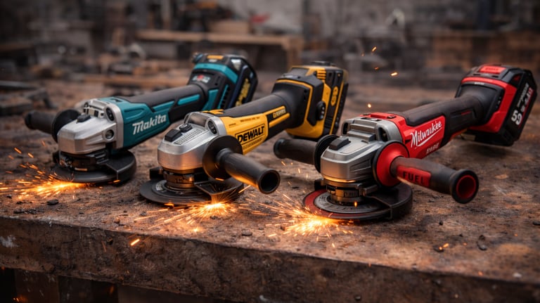 Cordless angle grinders from Makita, DeWalt, and Milwaukee on a metal workshop table with sparks.