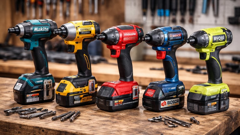 Cordless impact drivers from Makita, DeWalt, Milwaukee, Bosch, and Ryobi brands on a wooden workbench.