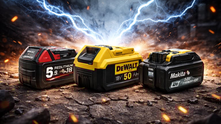 Milwaukee, DeWalt, and Makita lithium-ion power tool batteries with electric sparks.