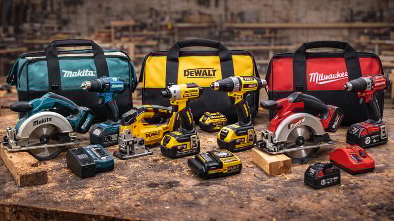 Makita, DeWalt, and Milwaukee cordless power tools and drills displayed with matching tool bags on a wood workbench.