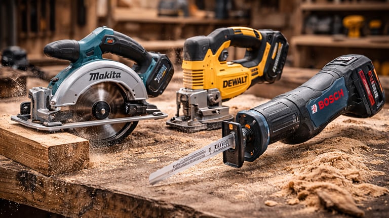 Makita circular saw, DeWalt jigsaw, and Bosch reciprocating saw power tools on a wooden workbench.