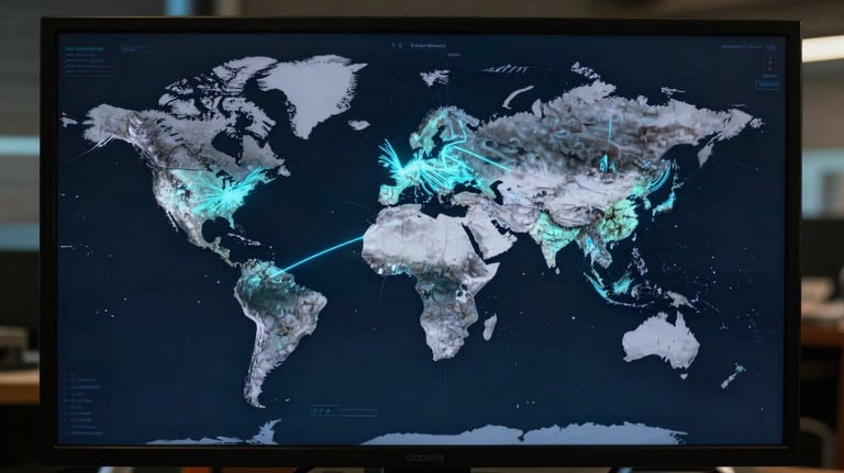 Global map display on a digital screen showing shipping routes with light blue glowing lines, professional tech environment.