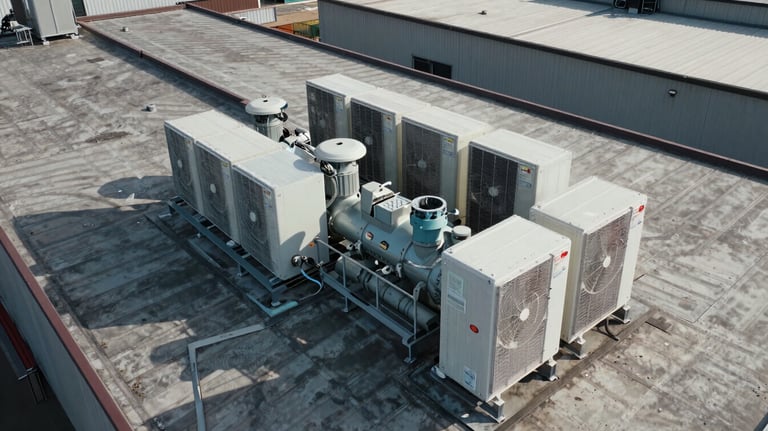An aerial view of a large-scale supermarket roof showing modern HVAC and refrigeration compressors, crisp professional drone photography.