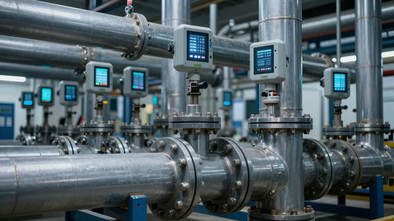 A network of complex industrial cooling pipes with digital sensors attached, slate gray and metallic blue tones, high-tech industrial aesthetic.