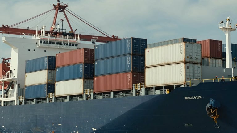Large cargo ship at a North American / US port, focus on refrigerated containers (reefers) being loaded, daylight, cinematic composition.