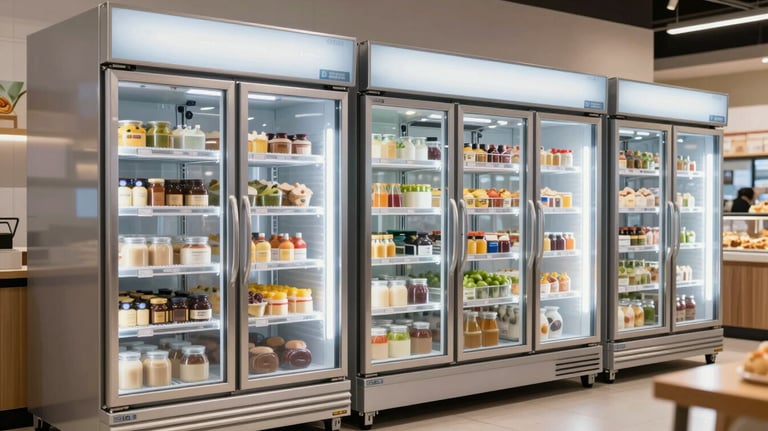 A row of modern commercial refrigerator units in a high-end bakery, North American / US interior, bright and clean photography.