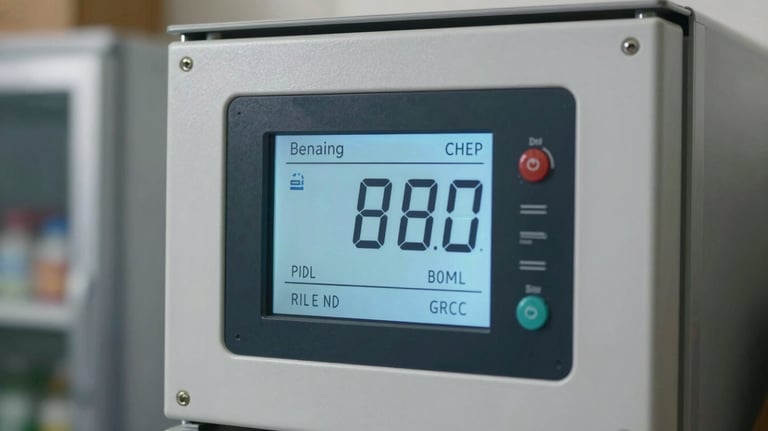Close-up of a high-tech thermostat interface on a commercial walk-in freezer, showing digital temperature readings, professional sharp focus.
