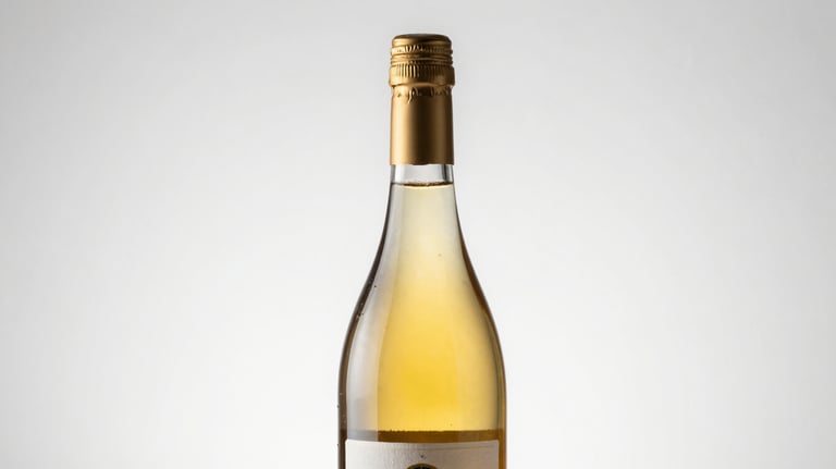 Bottle of premium Chardonnay with a wax seal, soft light hitting the golden glass, minimalist and high-end presentation on white.