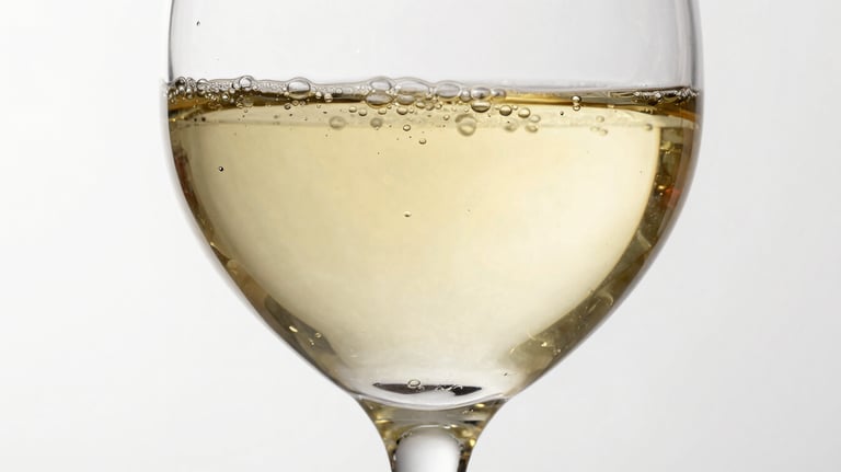 Elegant studio shot of a Sauvignon Blanc glass, vibrant pale yellow liquid with micro-bubbles, clean and refreshing look on white background.