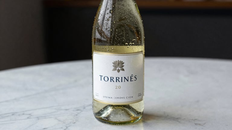 A bottle of Torrontés wine standing on a white marble table, droplets of condensation on the glass, bright and fresh aesthetic.