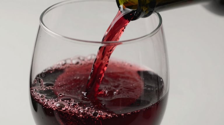 Close-up of a glass of dark red wine being poured, capturing the rich texture and deep crimson color, against a neutral white background.