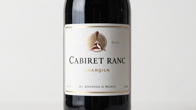 Photography of a Cabernet Franc bottle, labels featuring classic elegant typography, positioned against a clean white backdrop.