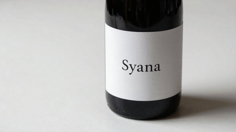 Studio photography of a bottle of Syrah on a white surface, elegant label with minimalist typography, soft lighting casting a gentle shadow.
