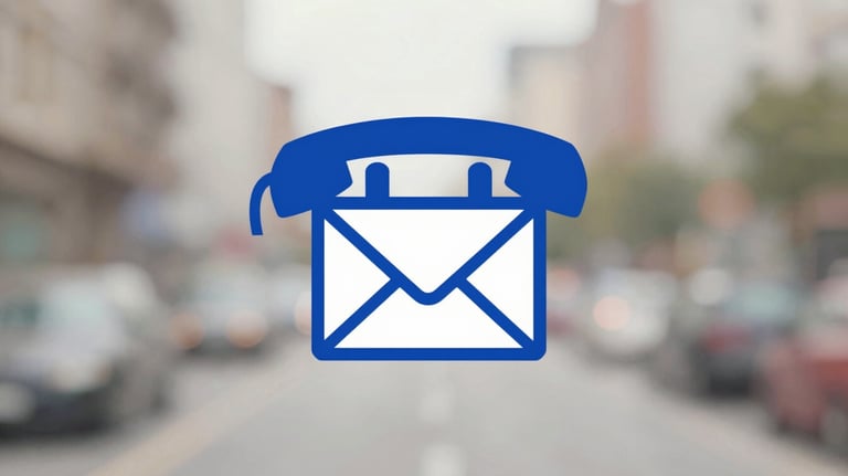 Minimalist icon of a vintage telephone and envelope, styled in Royal Blue (#005EB8), symbolizing heritage and communication.