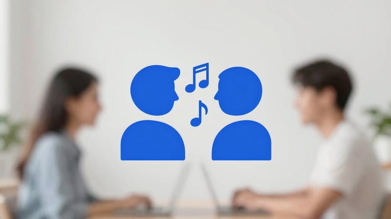 Minimalist icon of two people talking with a musical note between them, in Royal Blue (#005EB8), representing the private tour step.