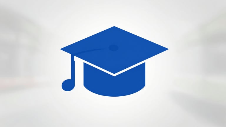 Minimalist icon of a graduation cap combined with a musical note, in Royal Blue (#005EB8), representing the final step of admission.