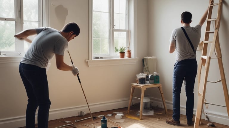 A painter carefully applying fresh paint on a bright living room wall