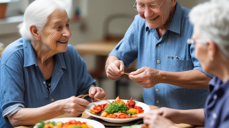 A warm kitchen scene with a caregiver serving a colorful, home-cooked meal