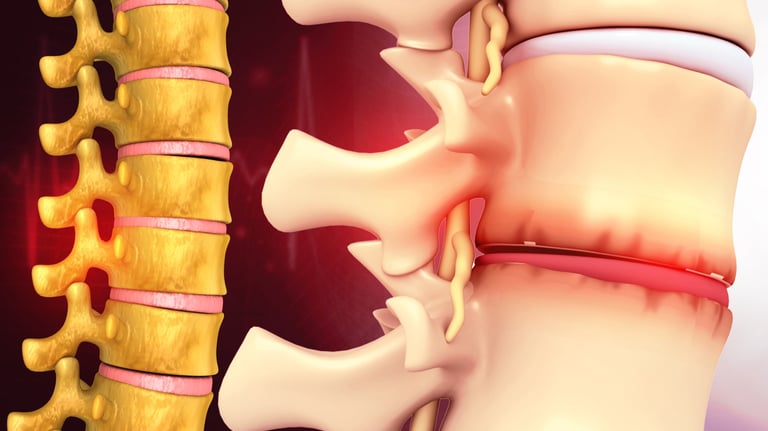 3D anatomic illustration showing disc degeneration in the lower back. 