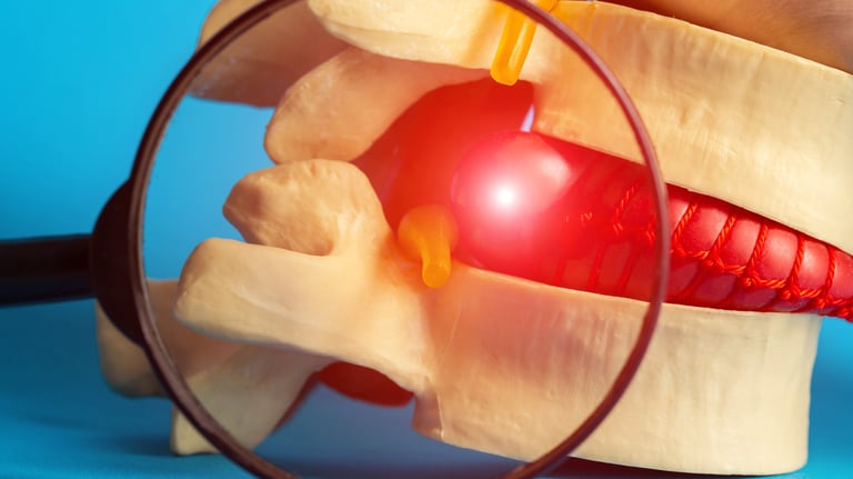 Magnified view of spinal disc herniation with pressure on nerve root.