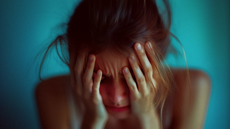 Blurred image of person holding head in pain symbolizing migraine