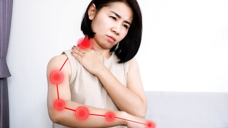 Woman with a line from neck down her arm with red hot spots indicating a pinched nerve.